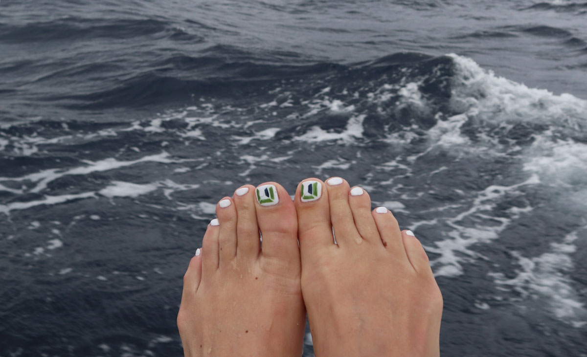 Image of feet in the foreground with Sauder logo painted on the nails and the ocean in the background