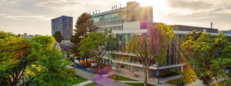 Aerial image of Sauder building in the summer