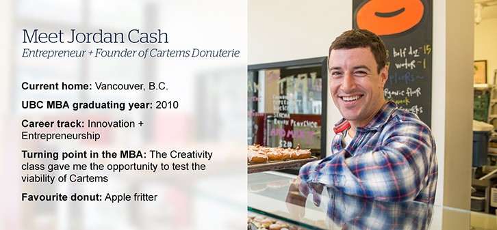 Image of Jordan Cash leaning on a glass donut display counter inside Cartem's Donuts